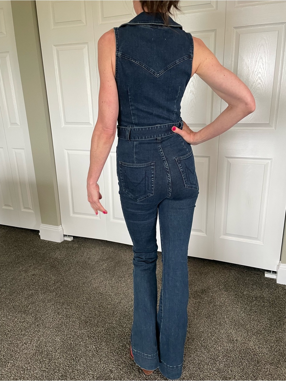 Show Me Your MuMu Dark Blue Denim Flare Jumpsuit with Belt - Picture 3 of 8